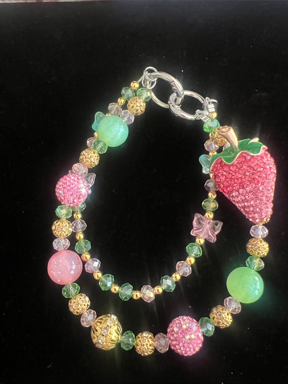 Pink & Green Strawberry Crystal Beaded Bag Charm